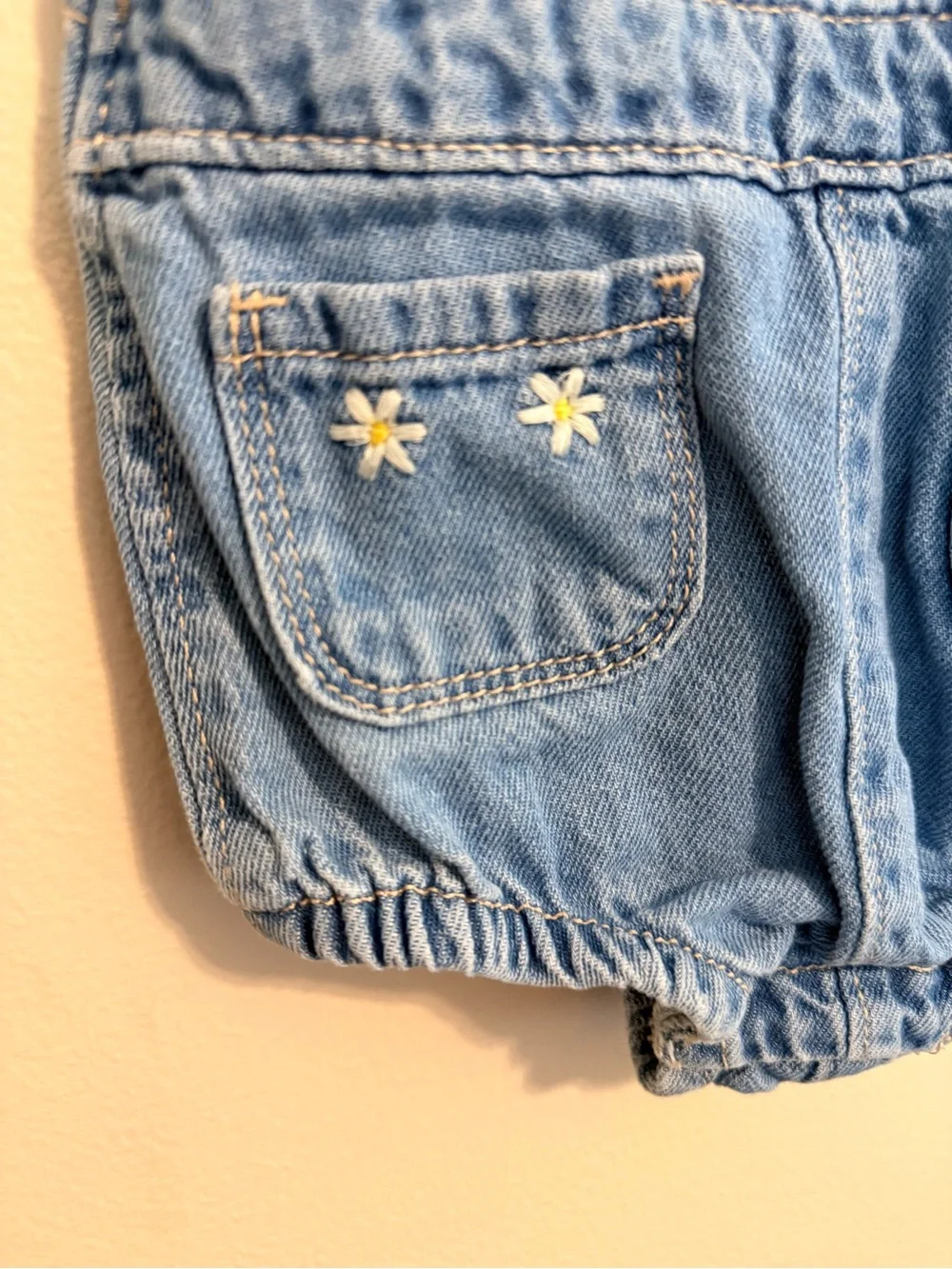 Old Navy Ruffle Denim Bubble Overalls | 18–24M | Daisy Embroidered | EUC